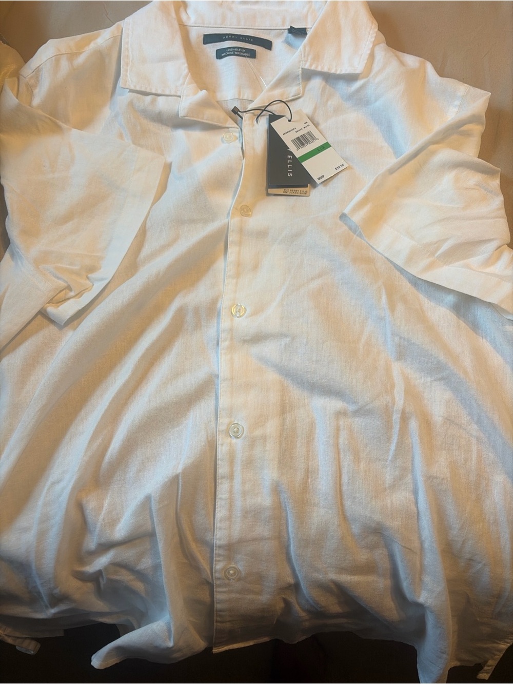 Perry Ellis White Short-Sleeve Casual Button-Down Shirt men’s linen